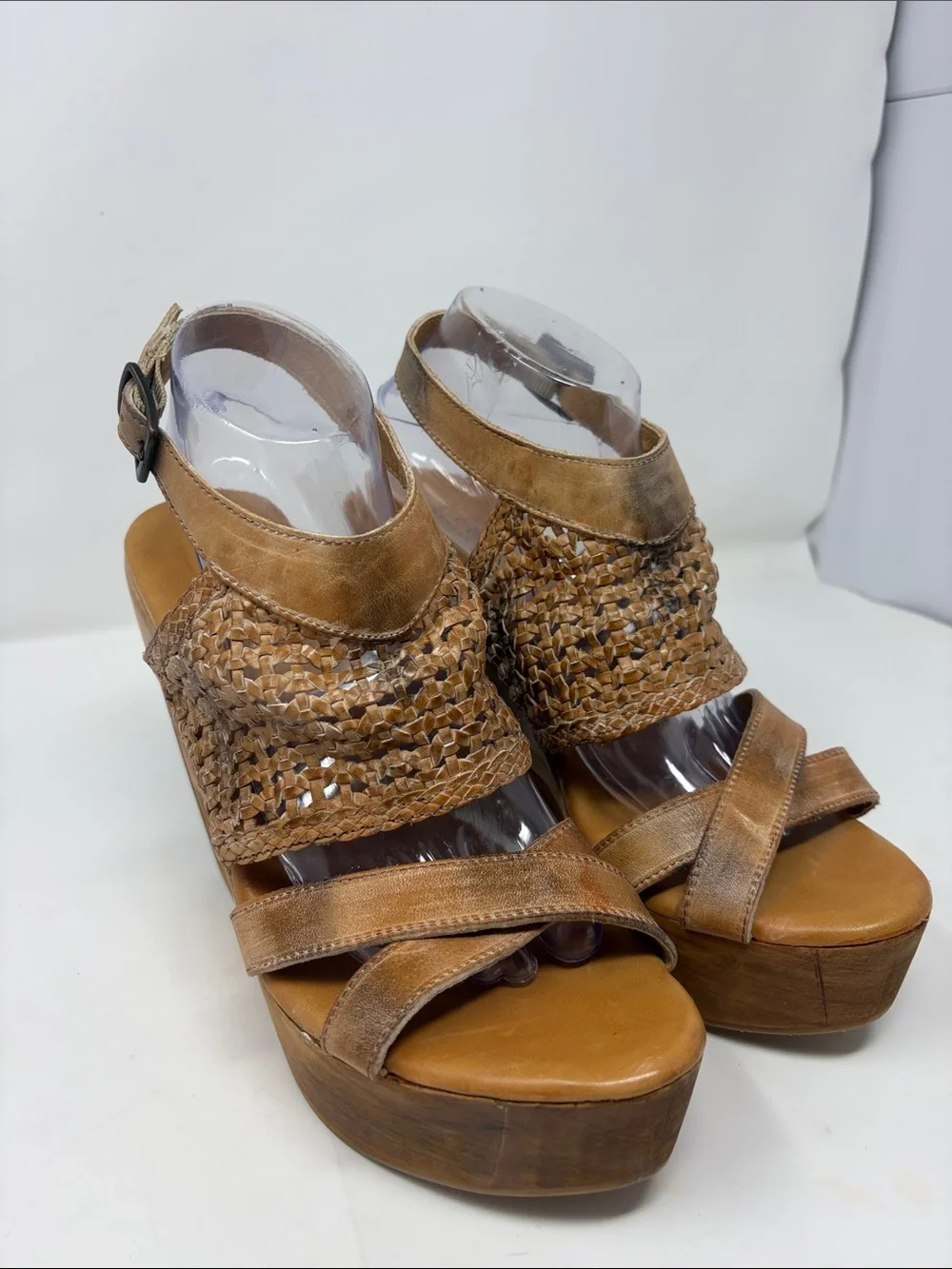 BED|STU Woven Dark Camel Leather Platform Sandals Size 10 Excellent Condition